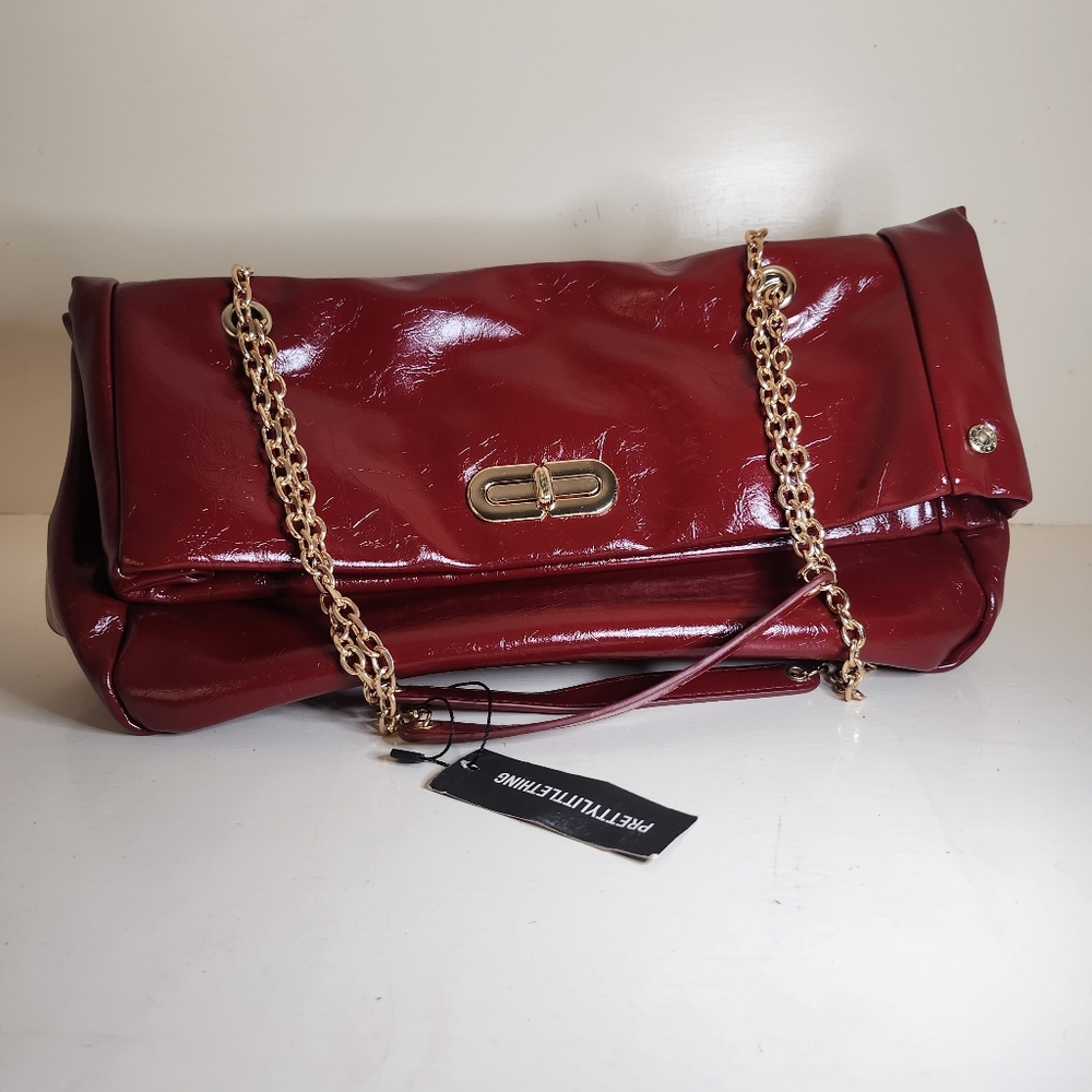 Vinyl Blood Burgandy Foldover Soft Handbag  Unique Style , Gold Tone Hardware